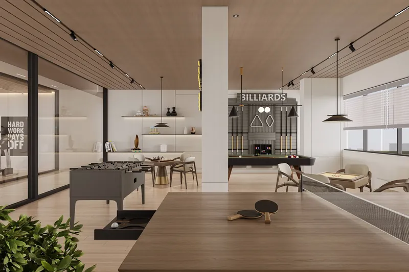 Indoor games room with billiards and table tennis